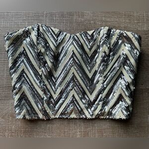 Julie Brown Strapless Sequin Chevron Top Size 4 Ivory Silver Black BeadedBustier